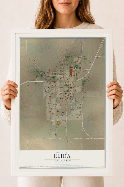 Map of Elida, New Mexico, 18 x 24 inch print in a white wood frame
