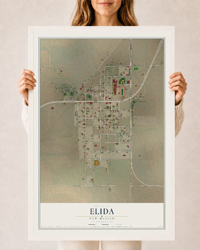 Map of Elida, New Mexico, 24 x 36 inch print in a white wood frame