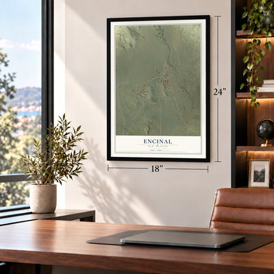 Encinal, New Mexico map, 18 x 24 inch print in a black frame in a home office