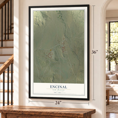 Encinal, New Mexico map, 24 x 36 inch print in a black frame by a staircase