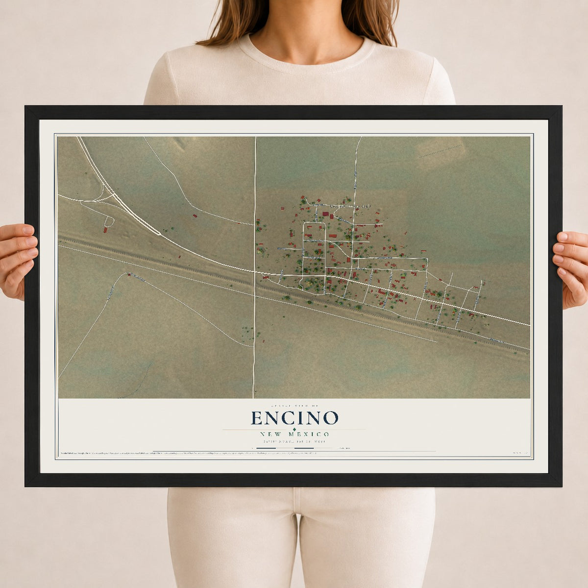 Map of Encino, New Mexico, 18 x 24 inch print in a black wood frame