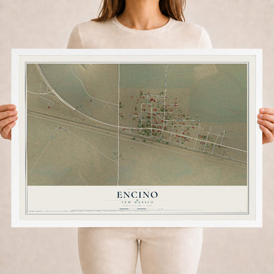 Map of Encino, New Mexico, 18 x 24 inch print in a white wood frame
