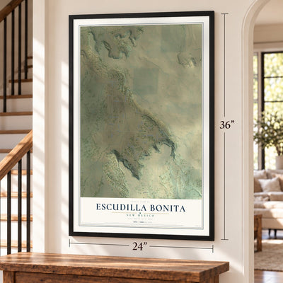 Escudilla Bonita, New Mexico map, 24 x 36 inch print in a black frame by a staircase