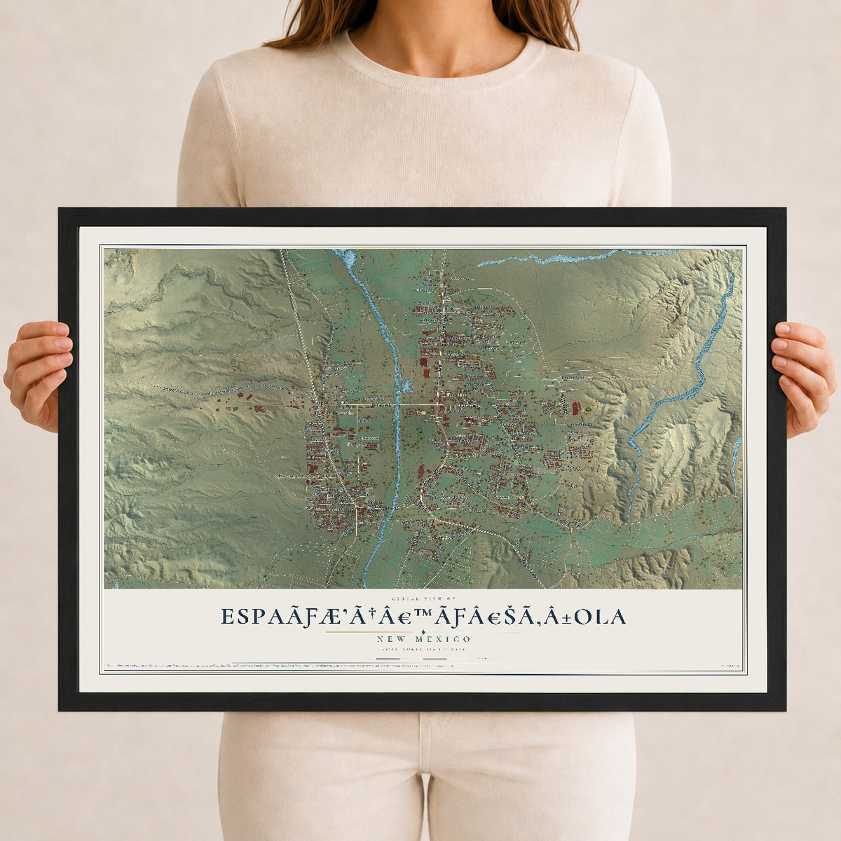Map of EspaÃƒÆ’Ã†â€™Ãƒâ€šÃ‚Â±ola, New Mexico, 12 x 18 inch print in a black wood frame