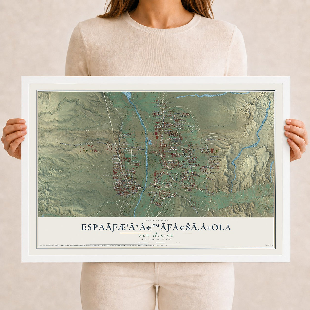 Map of EspaÃƒÆ’Ã†â€™Ãƒâ€šÃ‚Â±ola, New Mexico, 12 x 18 inch print in a white wood frame