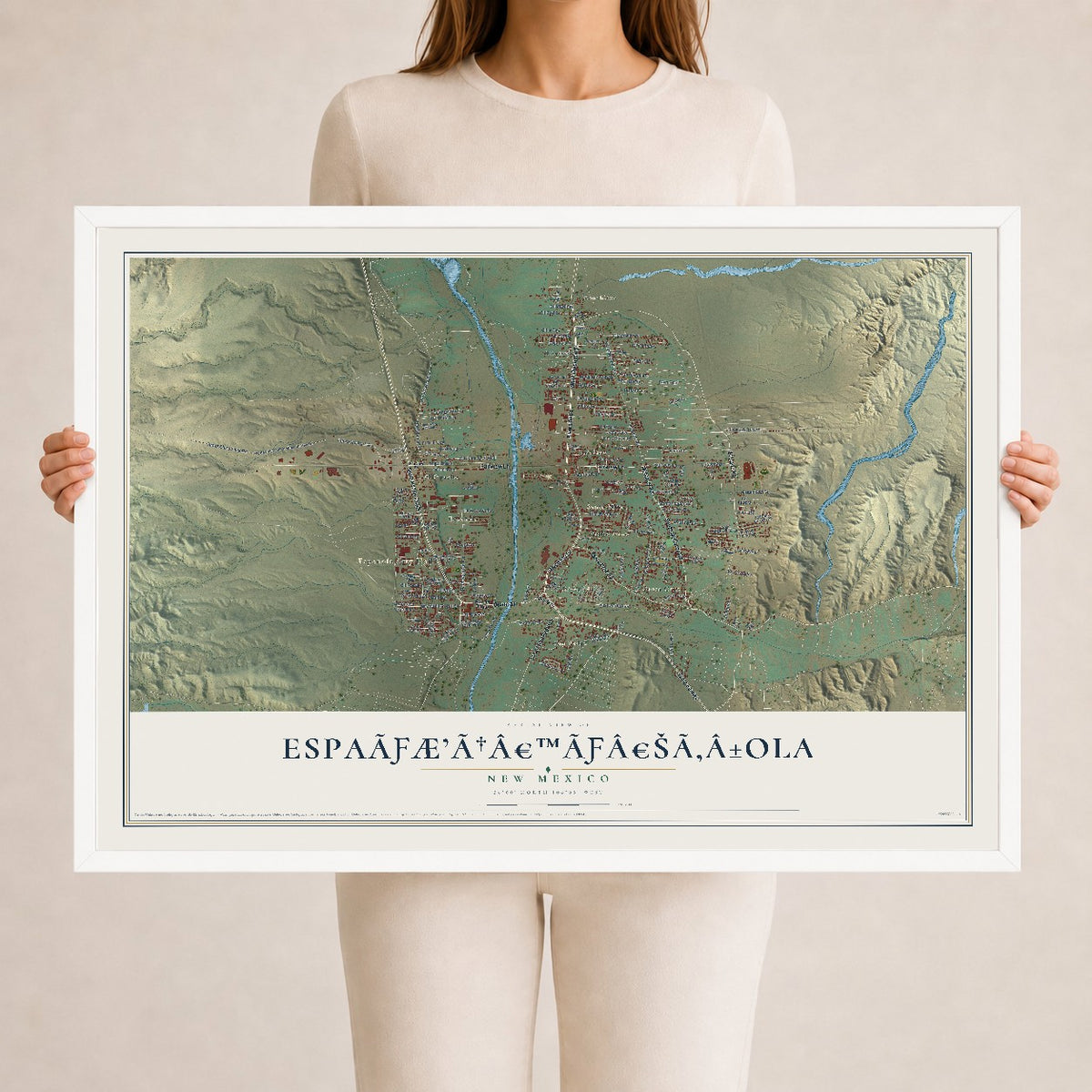Map of EspaÃƒÆ’Ã†â€™Ãƒâ€šÃ‚Â±ola, New Mexico, 24 x 36 inch print in a white wood frame