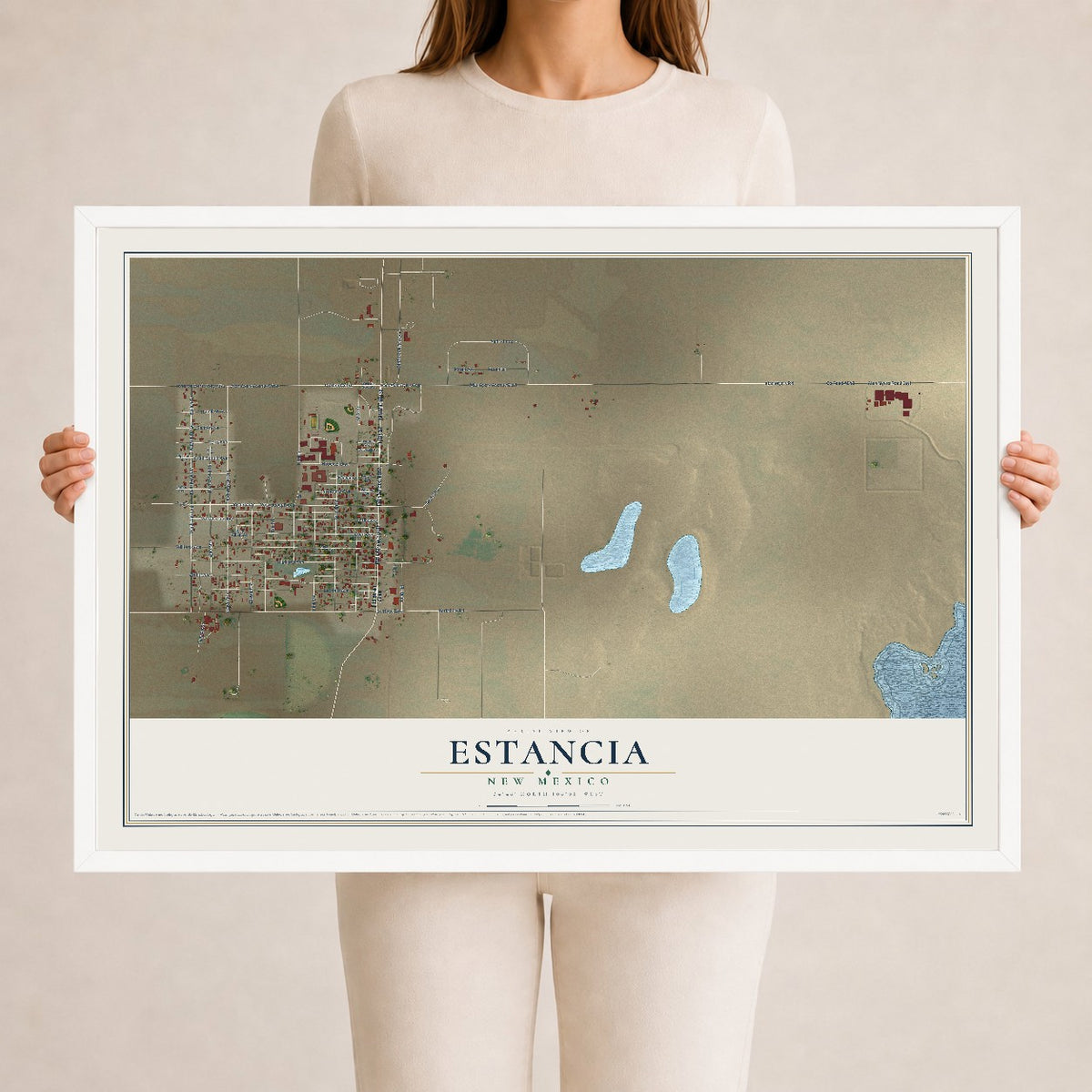 Map of Estancia, New Mexico, 24 x 36 inch print in a white wood frame