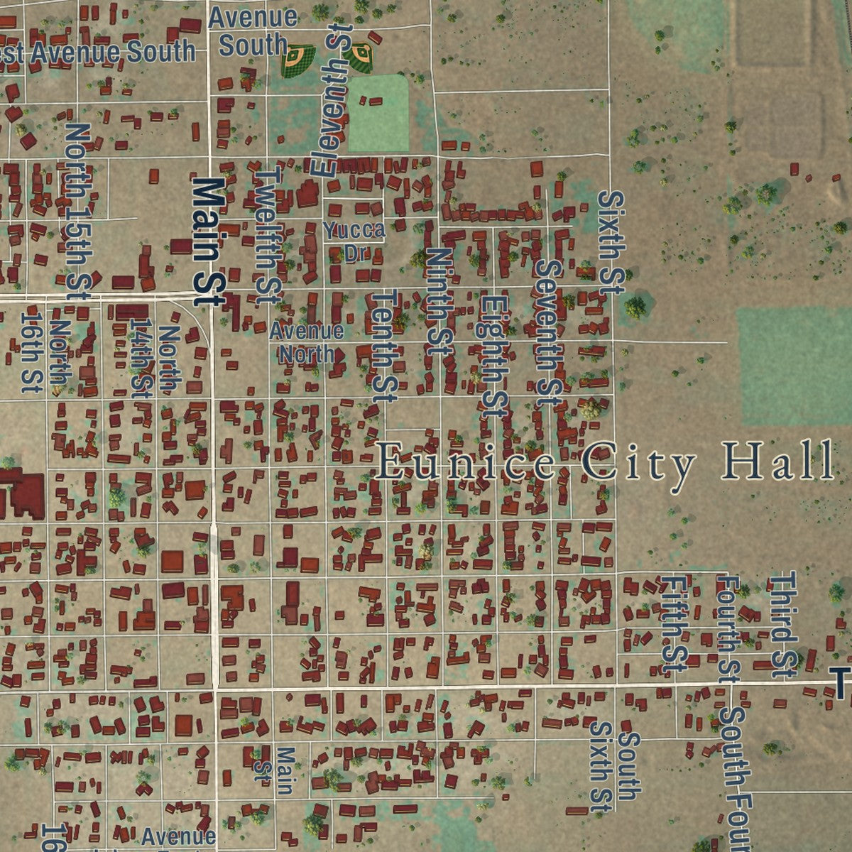 Close-up of the map of Eunice, New Mexico print showing street and building detail