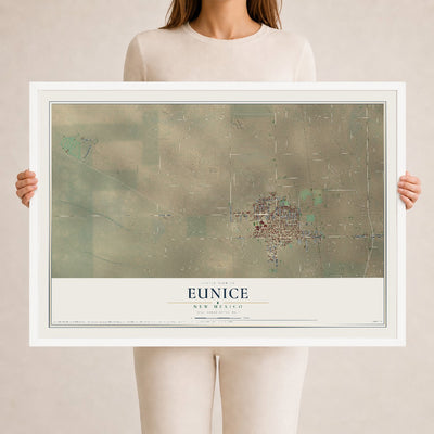 Map of Eunice, New Mexico, 24 x 36 inch print in a white wood frame