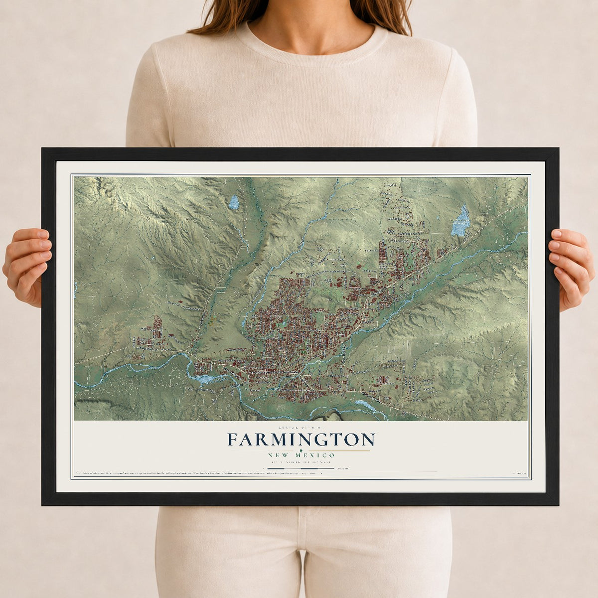Map of Farmington, New Mexico, 12 x 18 inch print in a black wood frame