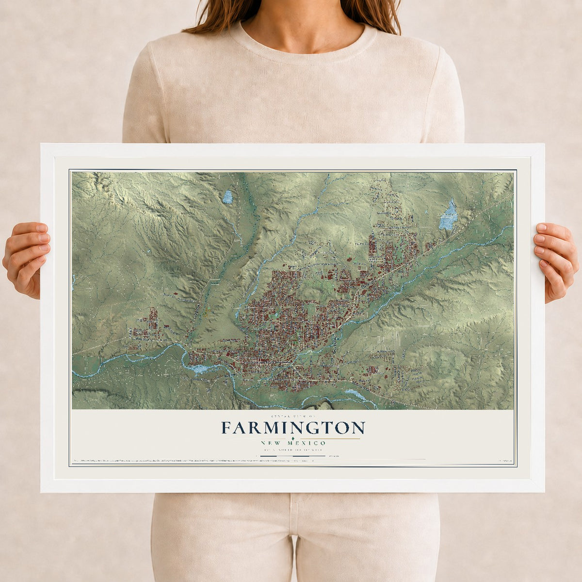Map of Farmington, New Mexico, 12 x 18 inch print in a white wood frame