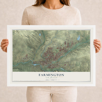 Map of Farmington, New Mexico, 12 x 18 inch print in a white wood frame