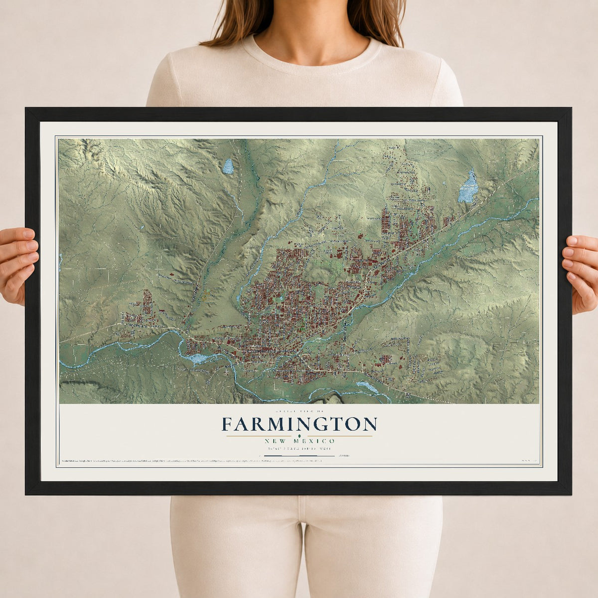 Map of Farmington, New Mexico, 18 x 24 inch print in a black wood frame