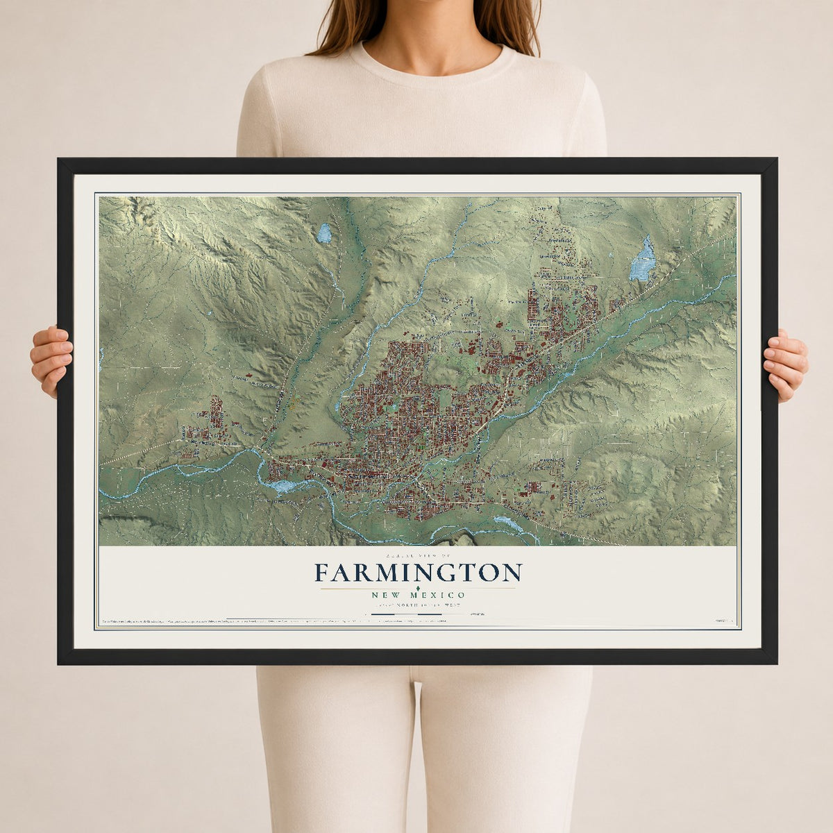 Map of Farmington, New Mexico, 24 x 36 inch print in a black wood frame