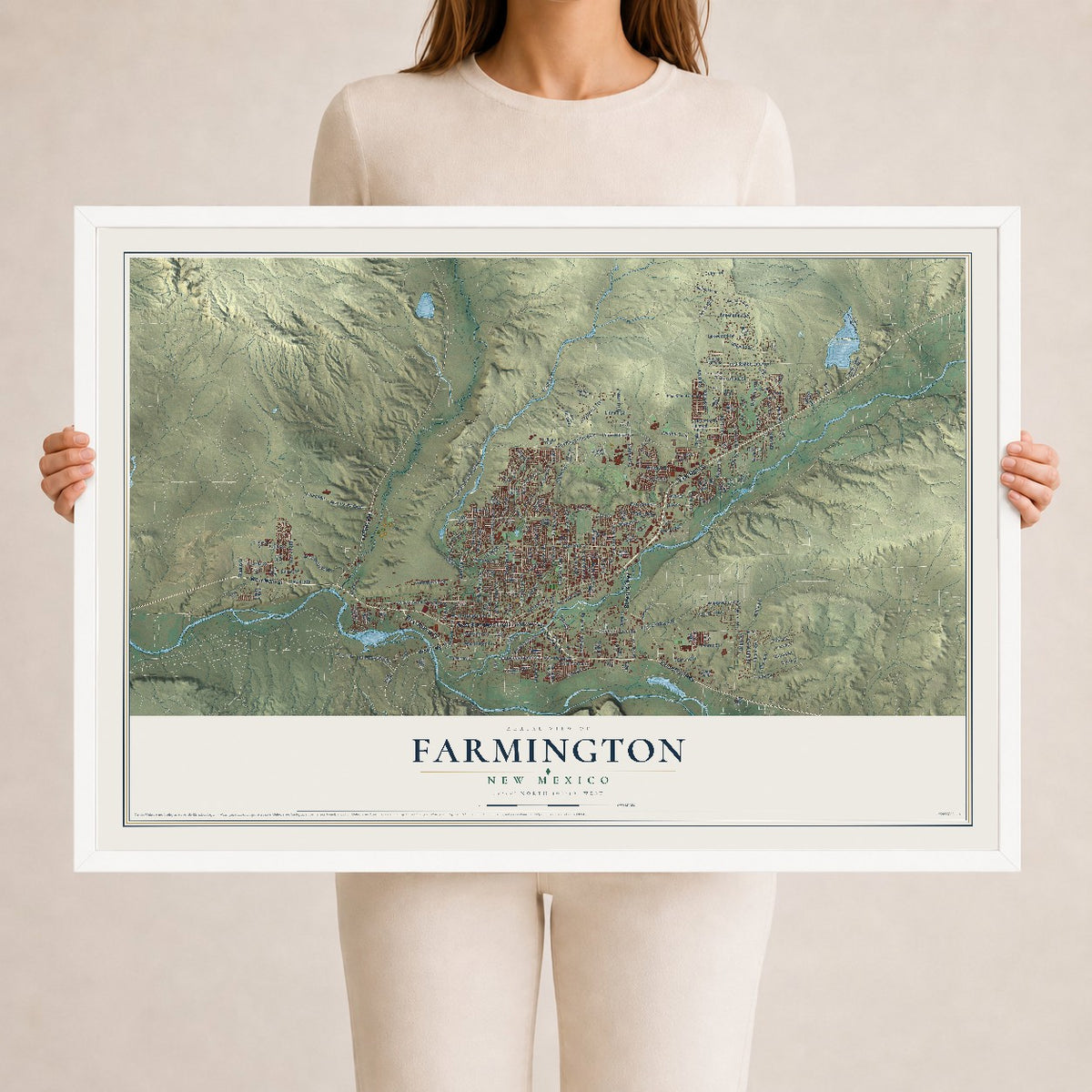 Map of Farmington, New Mexico, 24 x 36 inch print in a white wood frame