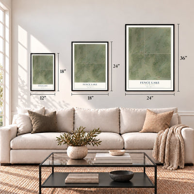 Fence Lake, New Mexico map in 12 x 18, 18 x 24 and 24 x 36 inch sizes above a sofa