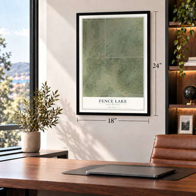 Fence Lake, New Mexico map, 18 x 24 inch print in a black frame in a home office