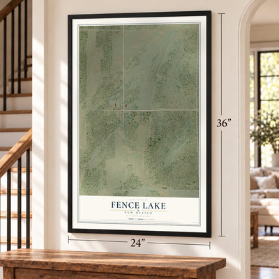 Fence Lake, New Mexico map, 24 x 36 inch print in a black frame by a staircase