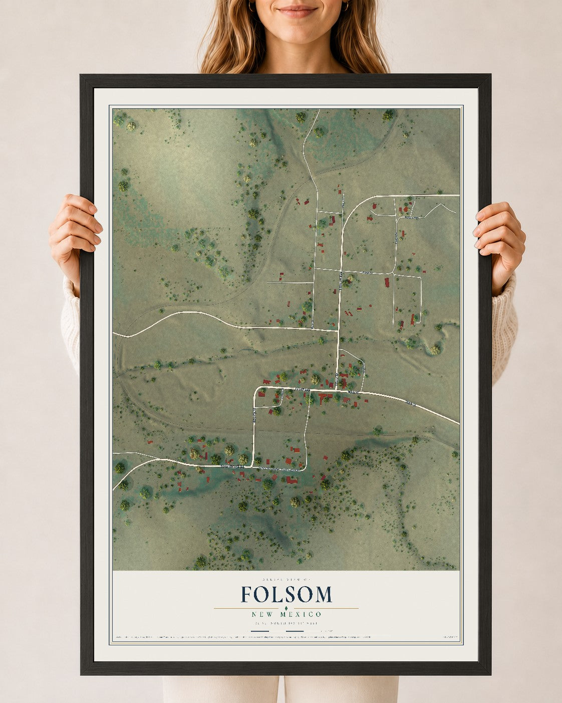 Map of Folsom, New Mexico, 24 x 36 inch print in a black wood frame