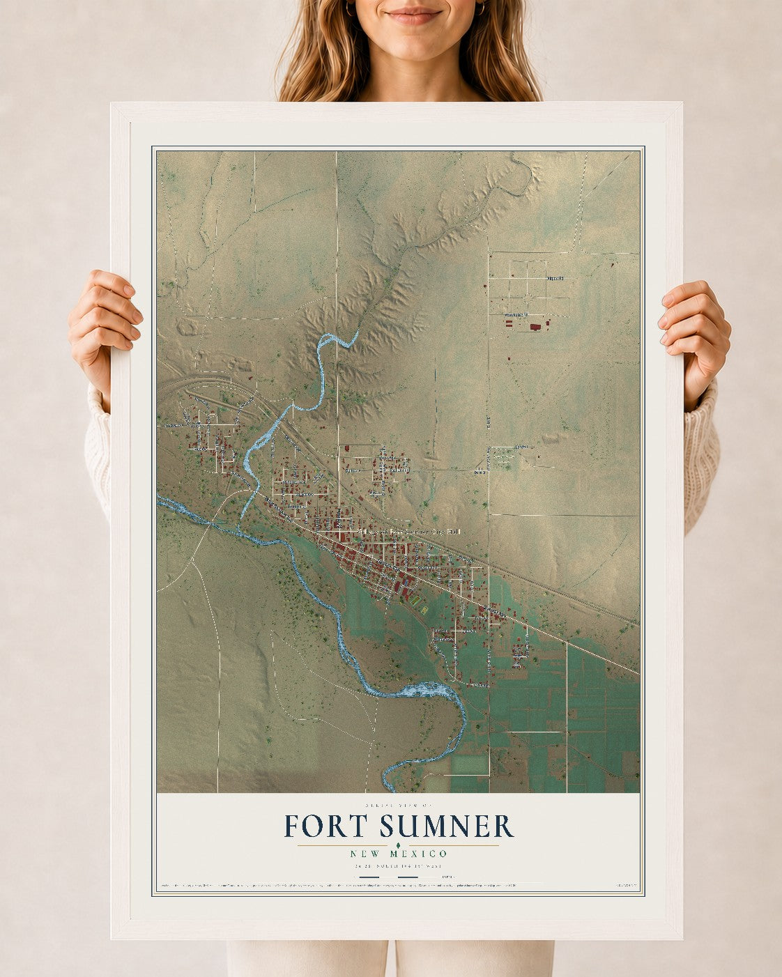 Map of Fort Sumner, New Mexico, 24 x 36 inch print in a white wood frame