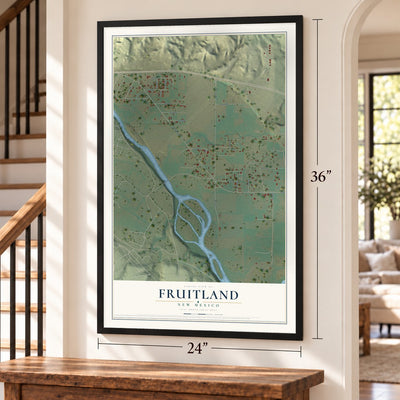 Fruitland, New Mexico map, 24 x 36 inch print in a black frame by a staircase