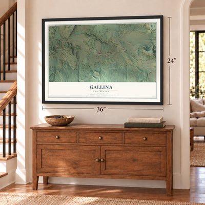 Gallina, New Mexico map, 24 x 36 inch print in a black frame above a dresser by a staircase