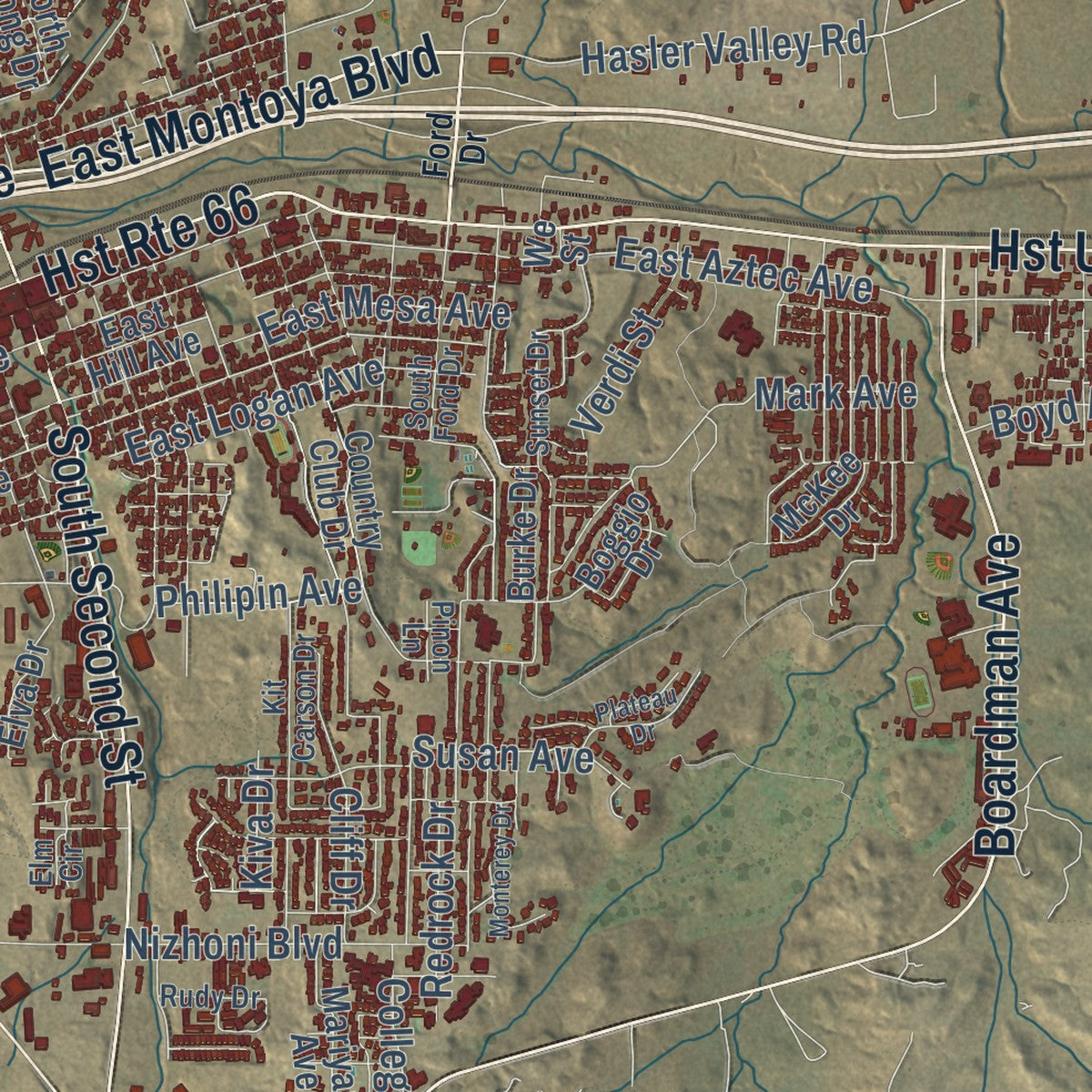 Close-up of the map of Gallup, New Mexico print showing street and building detail