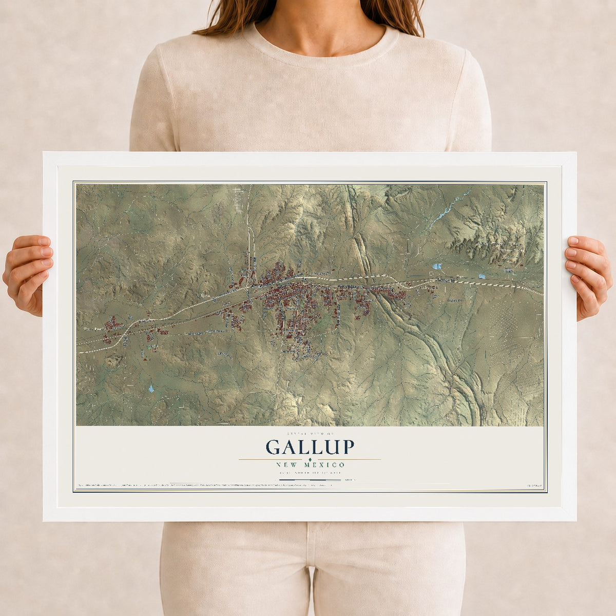 Map of Gallup, New Mexico, 12 x 18 inch print in a white wood frame