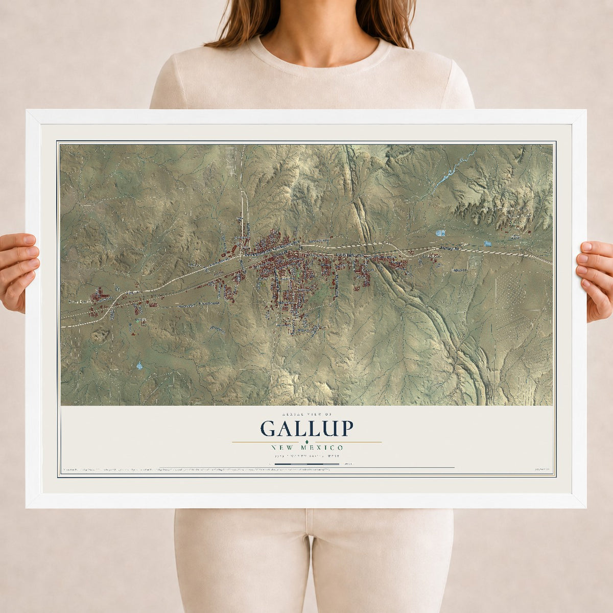 Map of Gallup, New Mexico, 18 x 24 inch print in a white wood frame