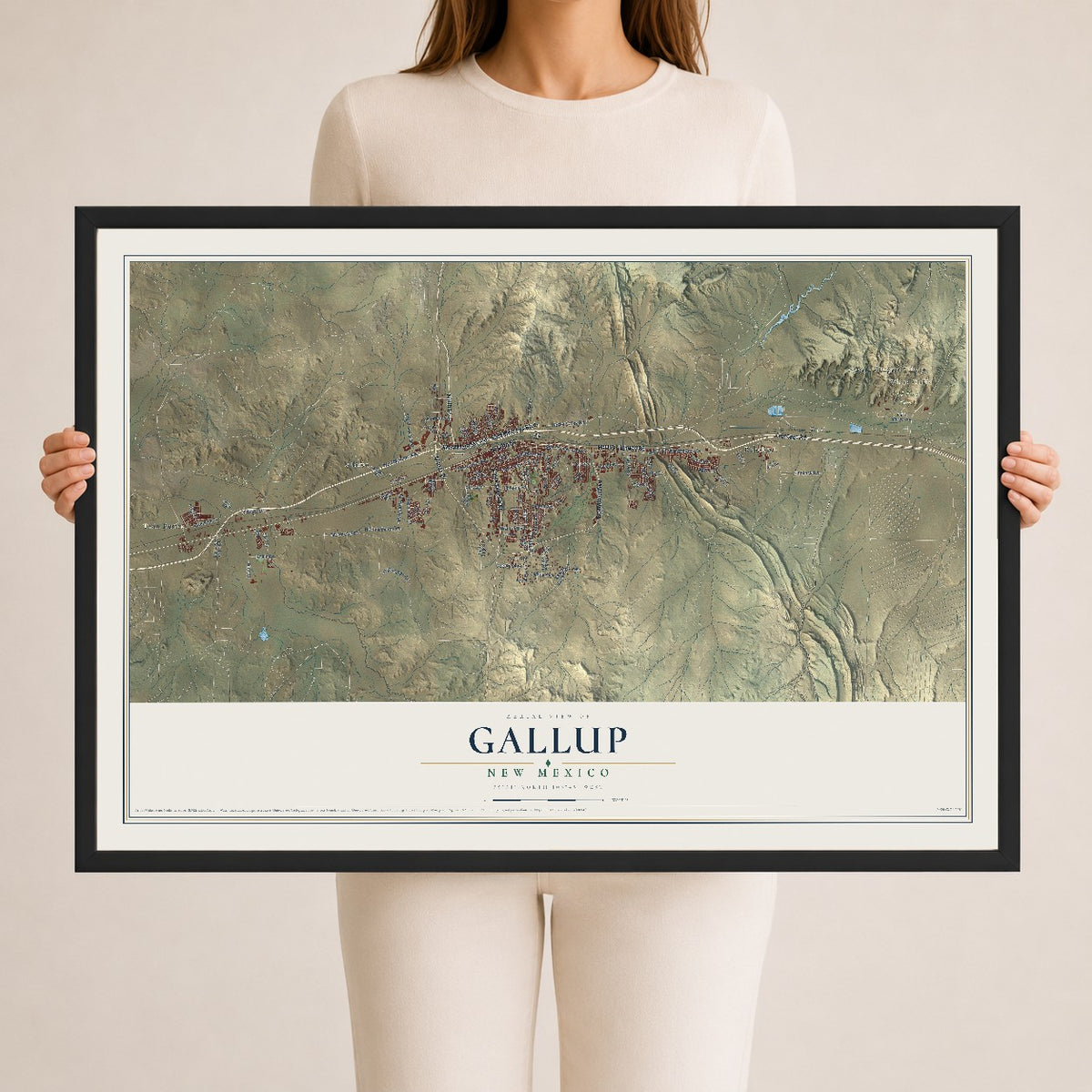 Map of Gallup, New Mexico, 24 x 36 inch print in a black wood frame