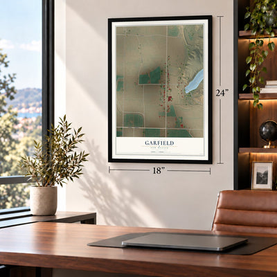 Garfield, New Mexico map, 18 x 24 inch print in a black frame in a home office