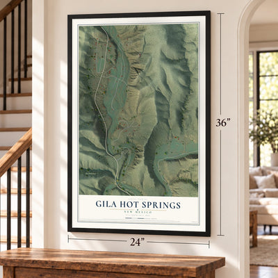 Gila Hot Springs, New Mexico map, 24 x 36 inch print in a black frame by a staircase