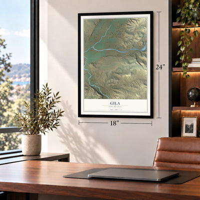 Gila, New Mexico map, 18 x 24 inch print in a black frame in a home office