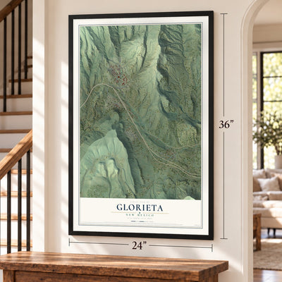 Glorieta, New Mexico map, 24 x 36 inch print in a black frame by a staircase