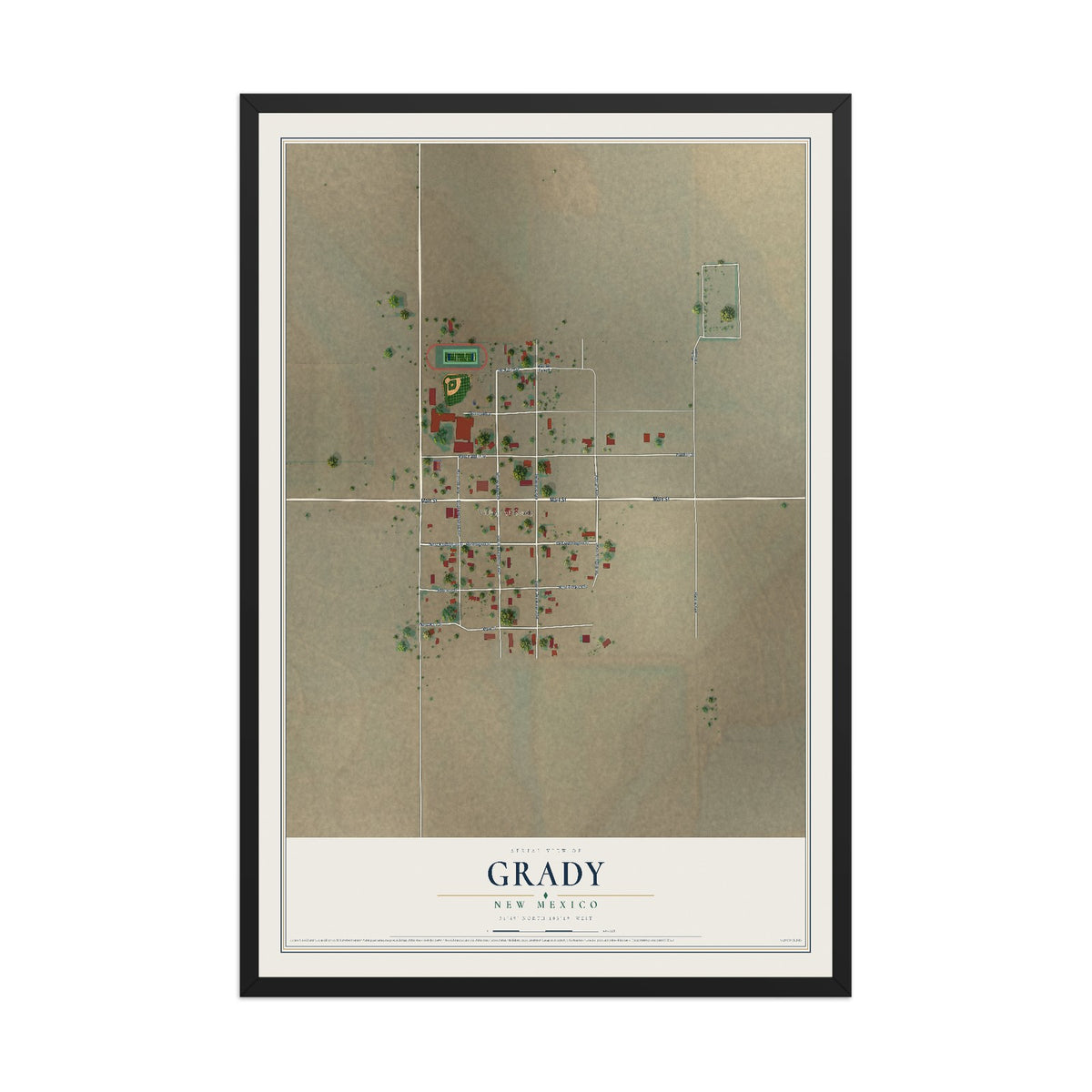Map of Grady, New Mexico, 12 x 18 inch print in a black wood frame