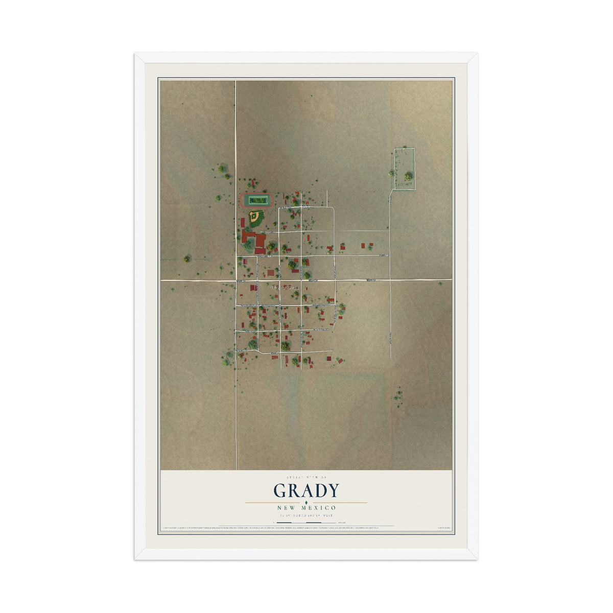 Map of Grady, New Mexico, 12 x 18 inch print in a white wood frame