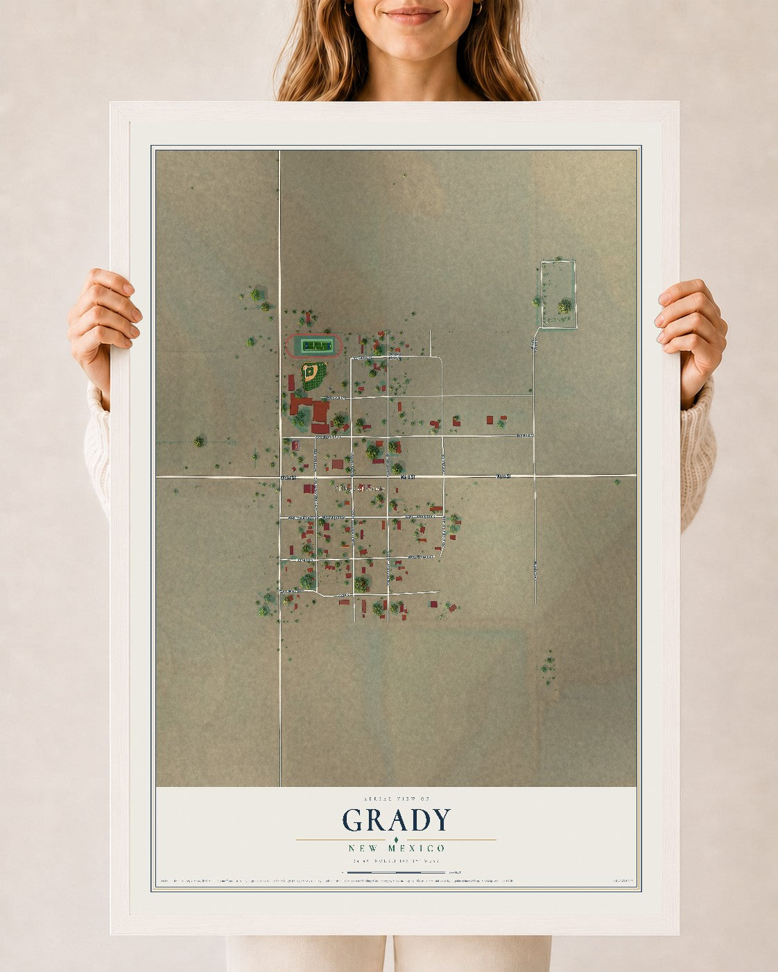Map of Grady, New Mexico, 24 x 36 inch print in a white wood frame