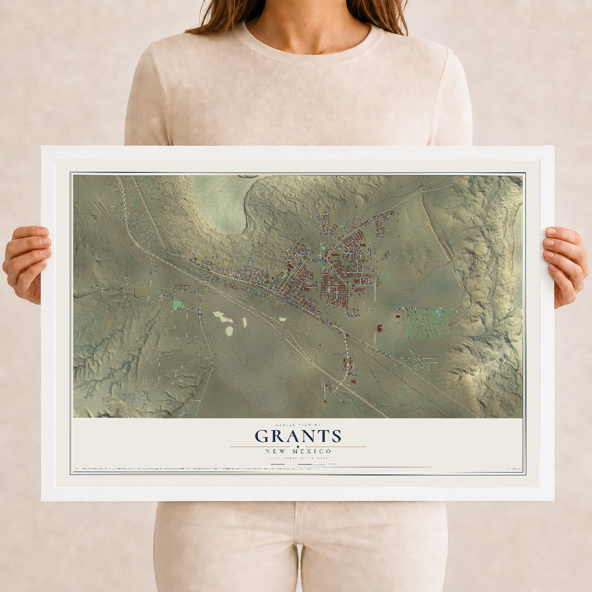 Map of Grants, New Mexico, 12 x 18 inch print in a white wood frame