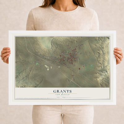 Map of Grants, New Mexico, 12 x 18 inch print in a white wood frame