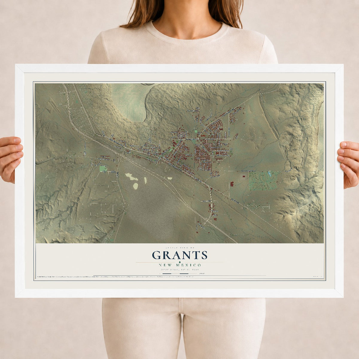 Map of Grants, New Mexico, 18 x 24 inch print in a white wood frame