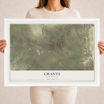 Map of Grants, New Mexico, 18 x 24 inch print in a white wood frame