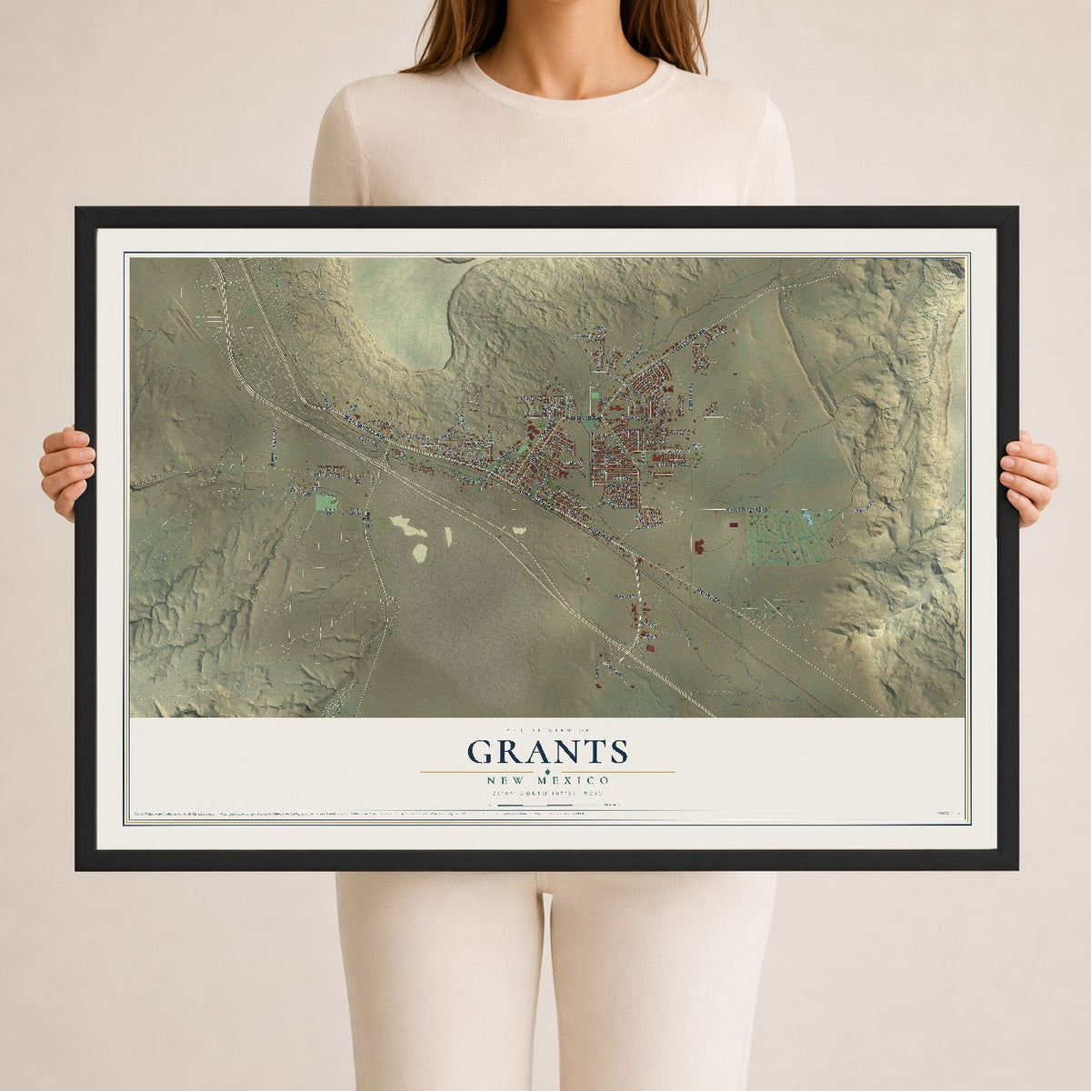 Map of Grants, New Mexico, 24 x 36 inch print in a black wood frame