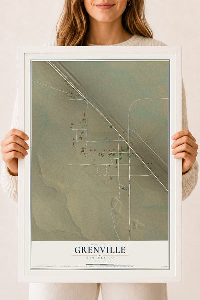 Map of Grenville, New Mexico, 18 x 24 inch print in a white wood frame