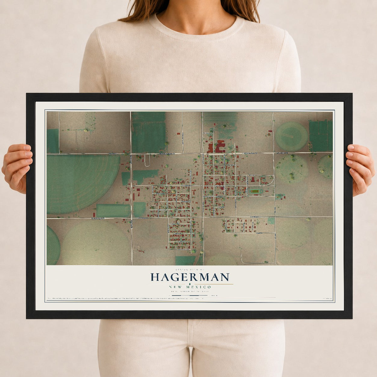 Map of Hagerman, New Mexico, 12 x 18 inch print in a black wood frame
