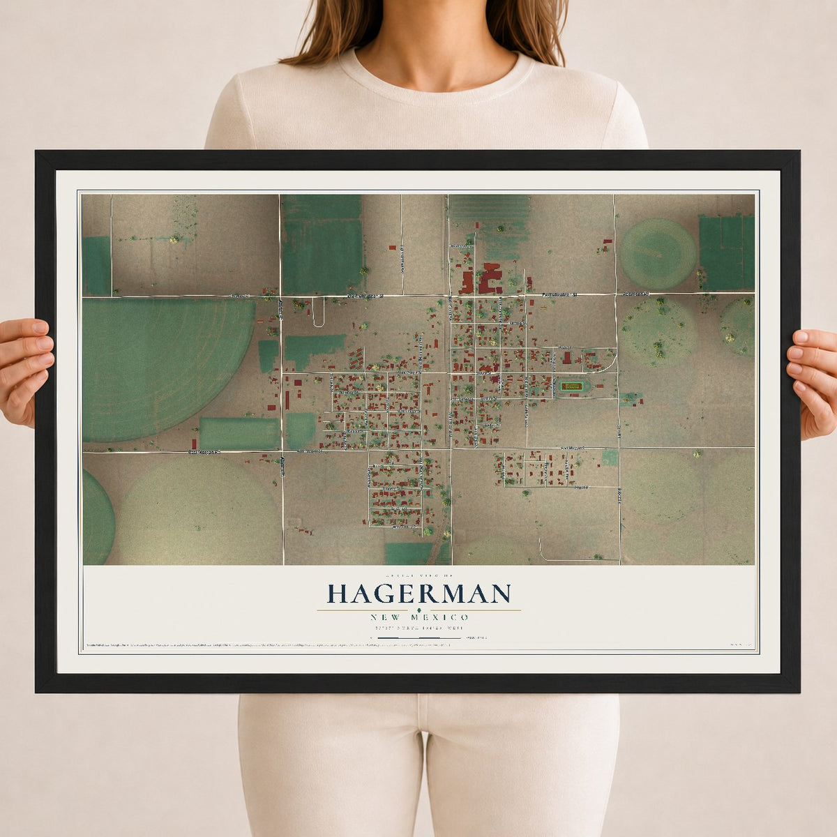 Map of Hagerman, New Mexico, 18 x 24 inch print in a black wood frame