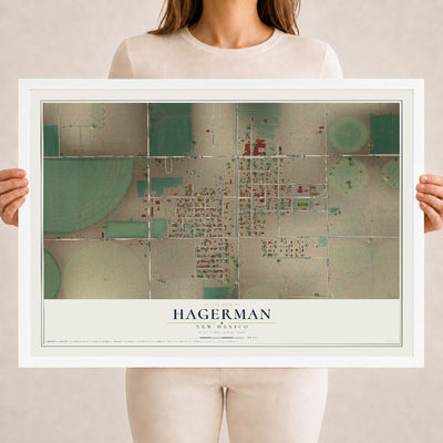 Map of Hagerman, New Mexico, 18 x 24 inch print in a white wood frame