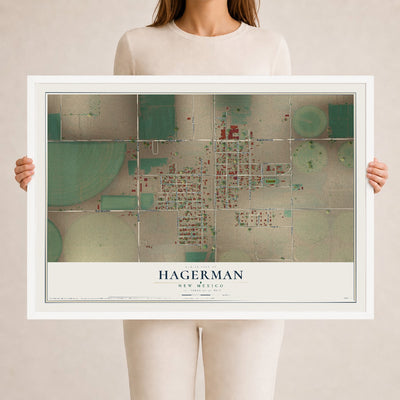Map of Hagerman, New Mexico, 24 x 36 inch print in a white wood frame