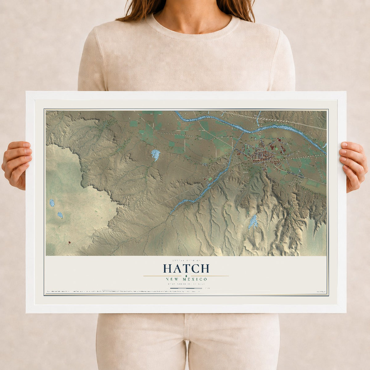 Map of Hatch, New Mexico, 12 x 18 inch print in a white wood frame