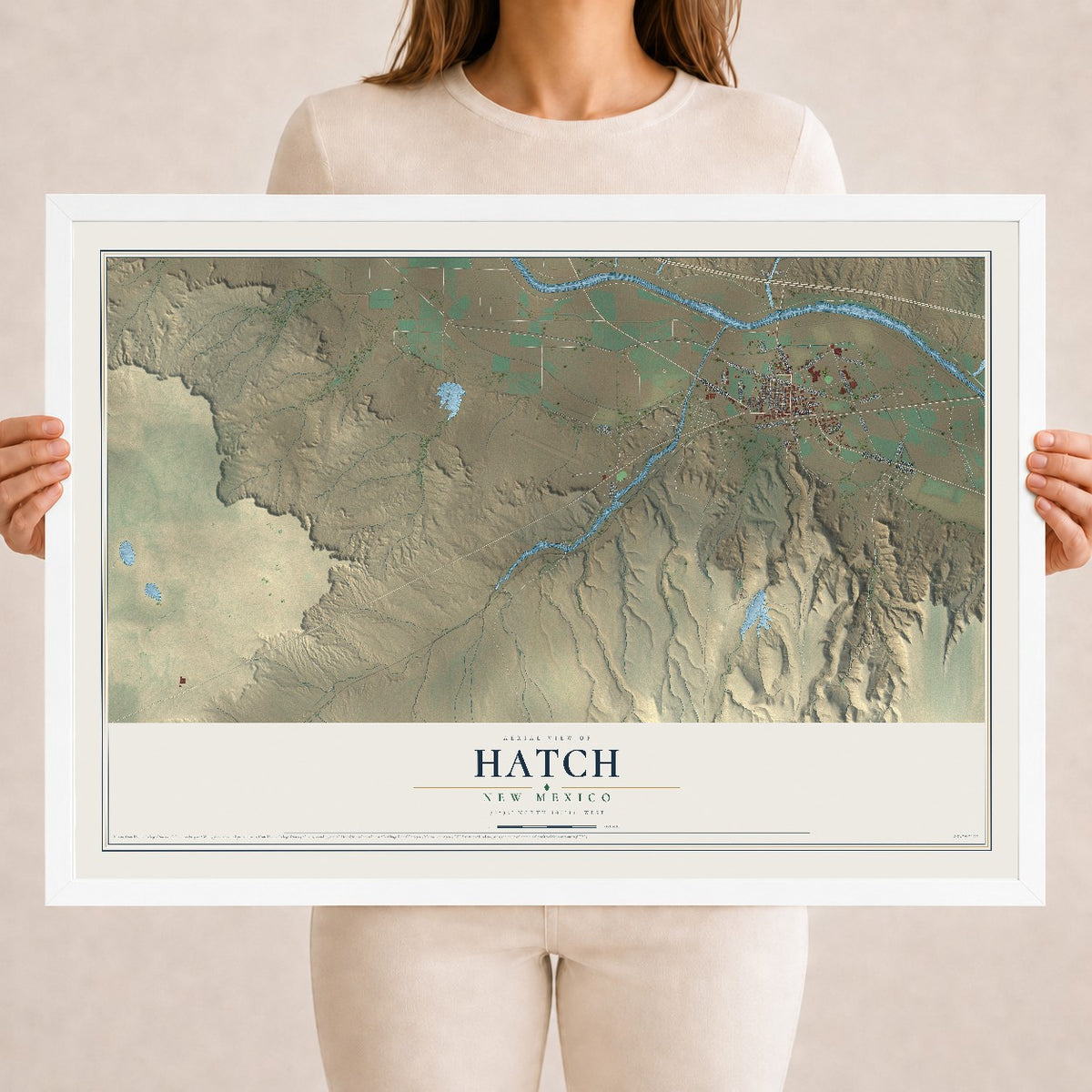 Map of Hatch, New Mexico, 18 x 24 inch print in a white wood frame