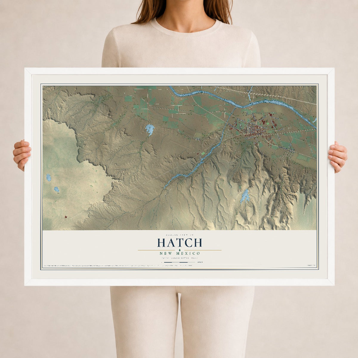 Map of Hatch, New Mexico, 24 x 36 inch print in a white wood frame